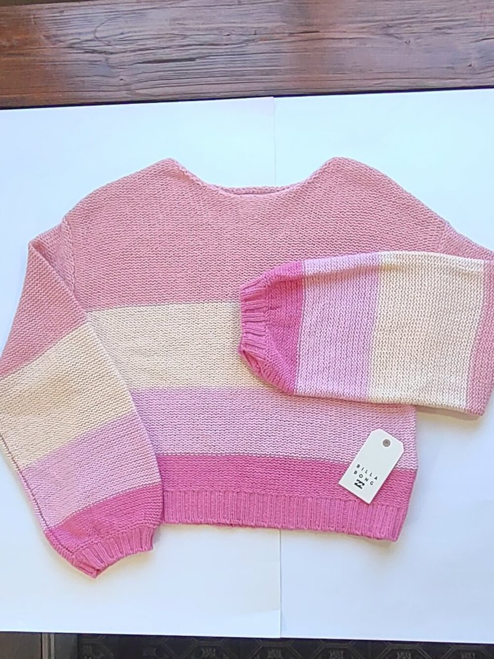 NWT Billabong Seeing Stripes Cotton Sweater Sz Medium Pink Slouchy Crop Pullover - Picture 5 of 11